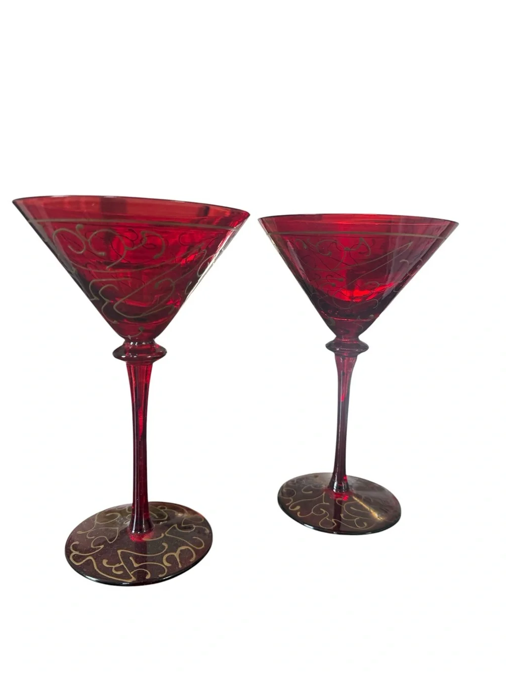 Ruby Red Martini Glasses Gold Scroll Swirl Set of 2 Cocktail Stemware
